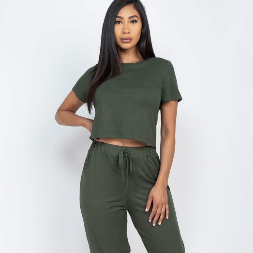 Solid Basic Loose Short Sleeve Top and Pants Set. Capella Apparel